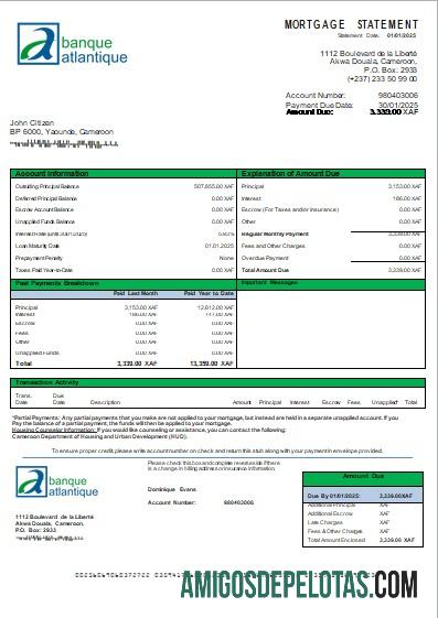 Declaração de hipoteca do Banco Atlântico dos Camarões exemplo real